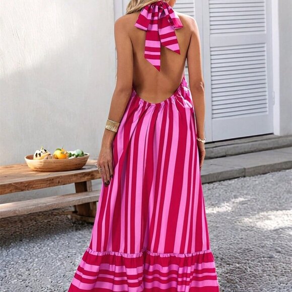 Pink Striped Casual Women's tie halter neck ruffled hem maxi Dress - Picture 2 of 6